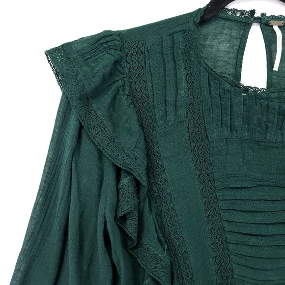 Free People Jasmine Blouse Size Small Ruffle 3/4 Sleeve Sheer Top Emerald Green - Picture 10 of 15